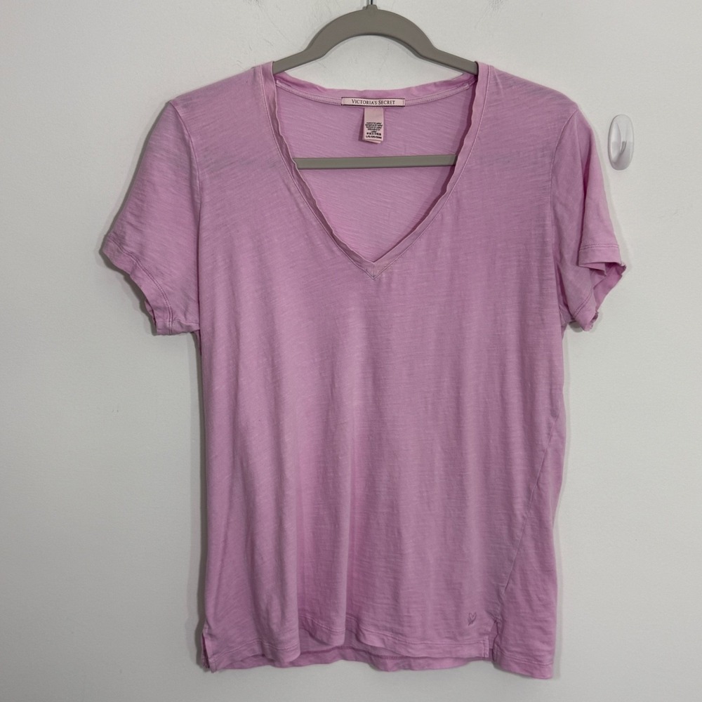 Victorias Secret Womens Shirt L Pink V Neck Slub Knit Logo Y2K Casual Lounge